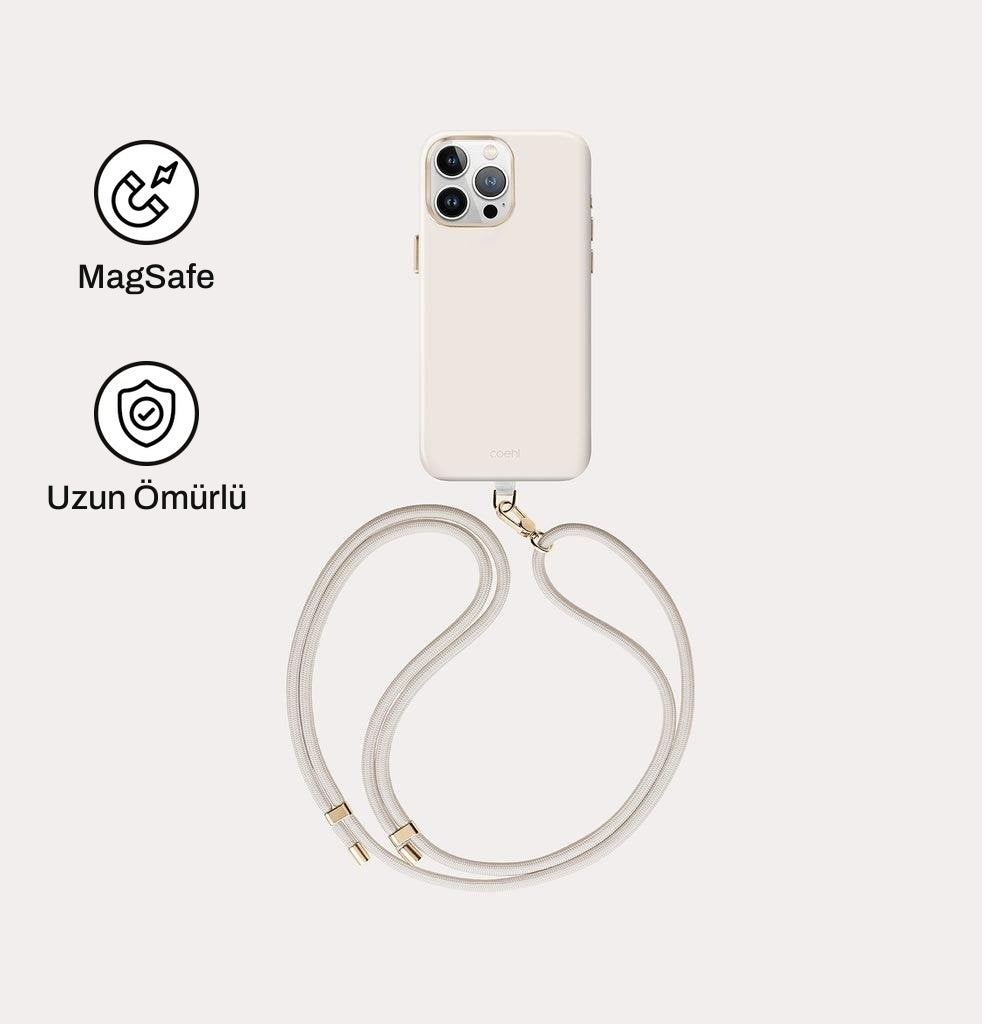 iPhone 15 Pro Max ile Uyumlu Coehl MagSafe Destekli Askı İpli Creme Telefon Kılıfı | bastcase