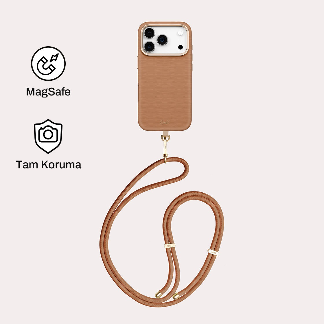 iPhone 17 Pro ile Uyumlu Coehl MagSafe Destekli Askı İpli Mirelle Telefon Kılıfı - Kahverengi | bastcase