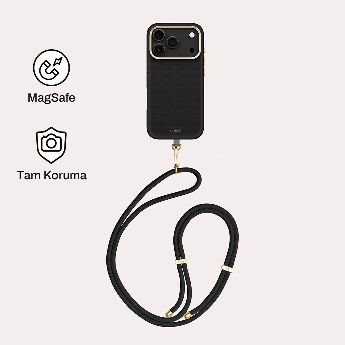 iPhone 17 Pro ile Uyumlu Coehl MagSafe Destekli Askı İpli Mirelle Telefon Kılıfı - Siyah | bastcase