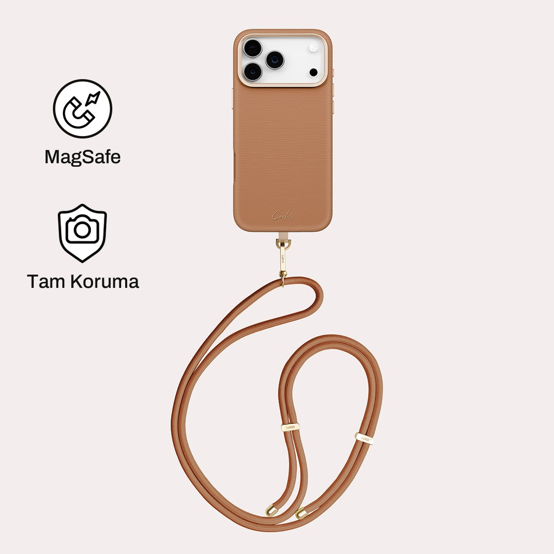 iPhone 17 Pro Max ile Uyumlu Coehl MagSafe Destekli Askı İpli Mirelle Telefon Kılıfı - Kahverengi | bastcase
