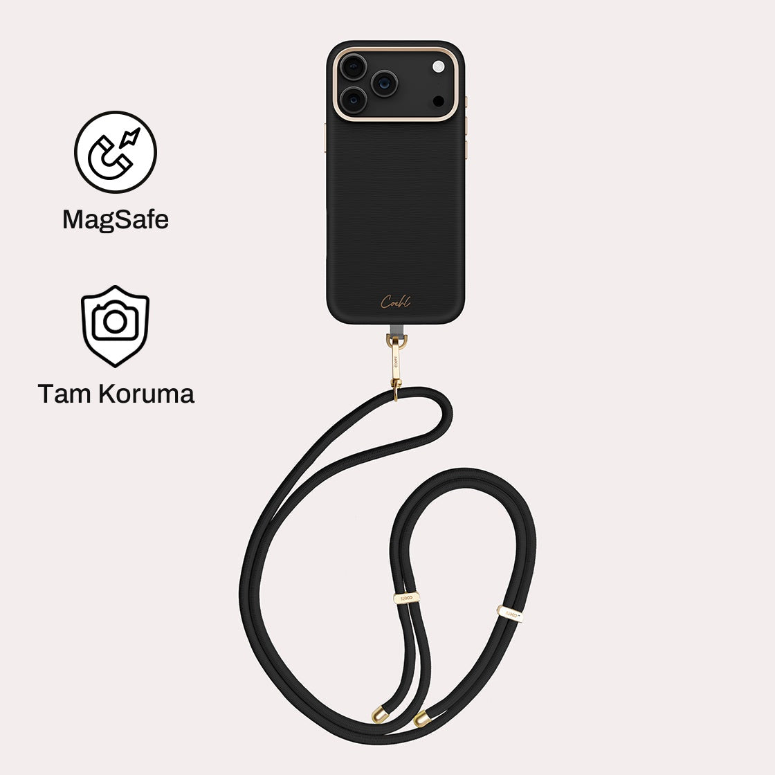 iPhone 17 Pro Max ile Uyumlu Coehl MagSafe Destekli Askı İpli Mirelle Telefon Kılıfı - Siyah | bastcase