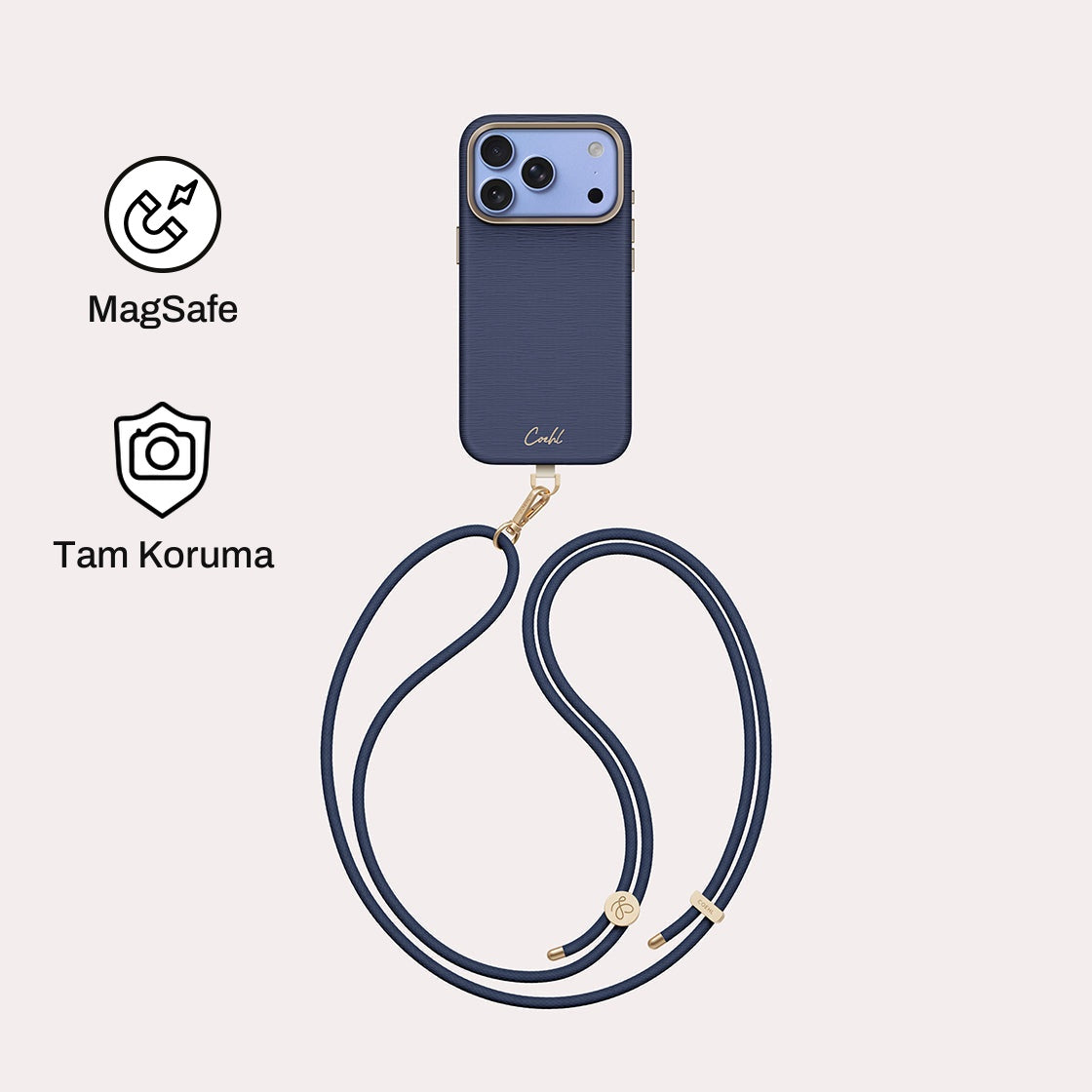 iPhone 18 Pro ile Uyumlu Coehl MagSafe Destekli Askı İpli Mirelle Telefon Kılıfı - Mavi | bastcase