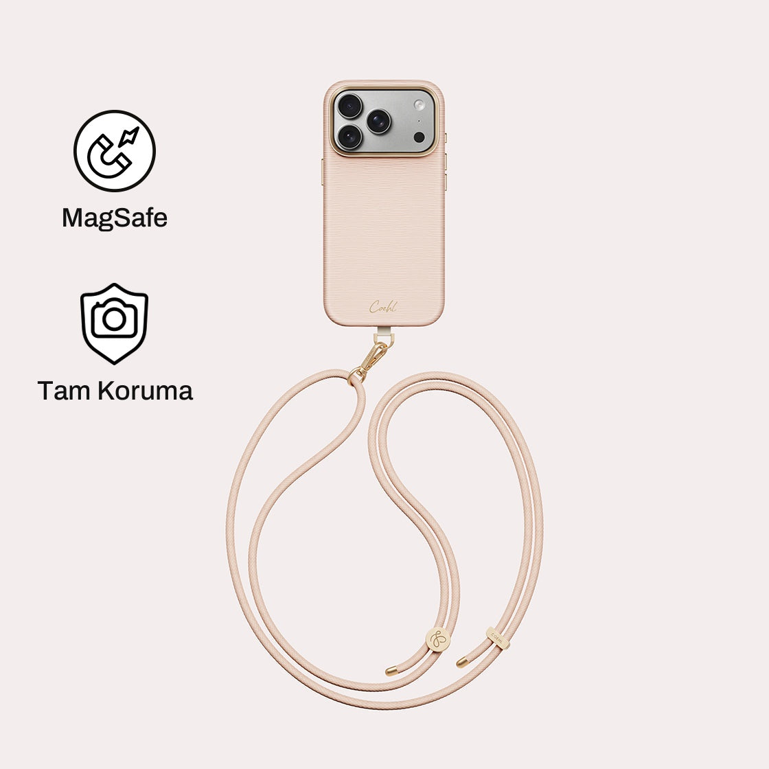 iPhone 18 Pro ile Uyumlu Coehl MagSafe Destekli Askı İpli Mirelle Telefon Kılıfı - Pembe | bastcase