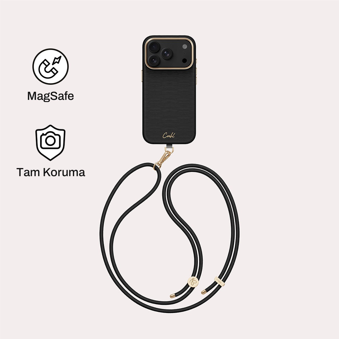 iPhone 18 Pro ile Uyumlu Coehl MagSafe Destekli Askı İpli Mirelle Telefon Kılıfı - Siyah | bastcase
