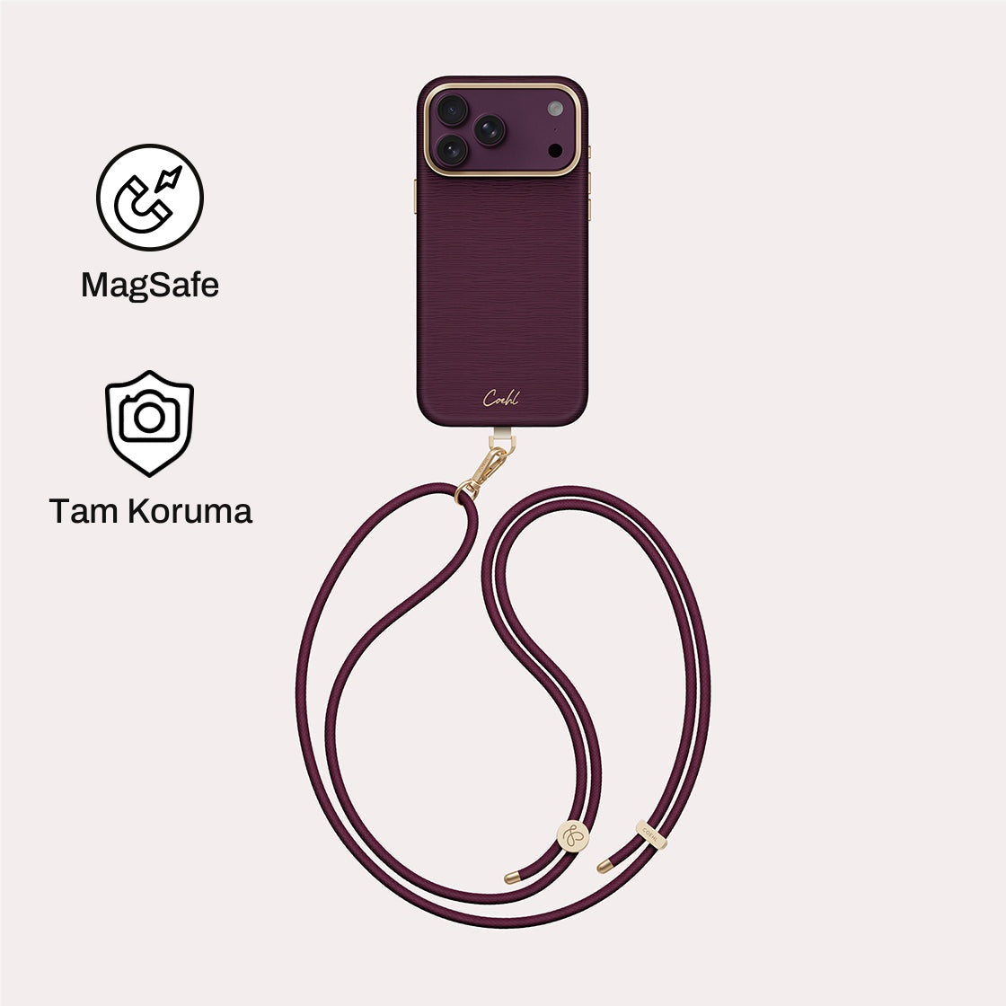 iPhone 18 Pro Max ile Uyumlu Coehl MagSafe Destekli Askı İpli Mirelle Telefon Kılıfı - Bordo | bastcase