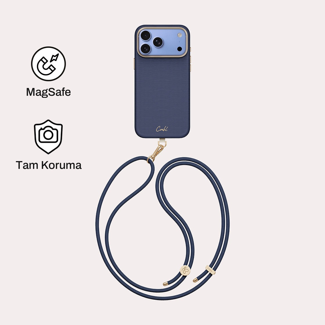 iPhone 18 Pro Max ile Uyumlu Coehl MagSafe Destekli Askı İpli Mirelle Telefon Kılıfı - Mavi | bastcase
