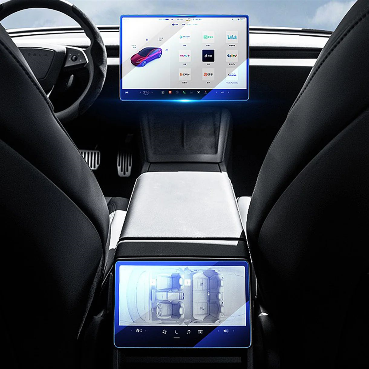 Tesla Model Y 9H Temperli Cam Araç İçi Multimedya 2in1 Ekran Koruyucu | bastcase - Genel Tasarım Görünümü